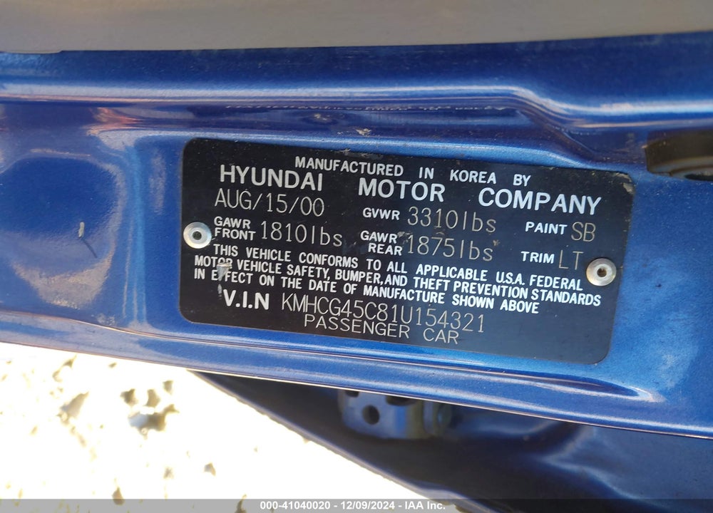 2001 HYUNDAI ACCENT GL VIN: KMHCG45C81U154321