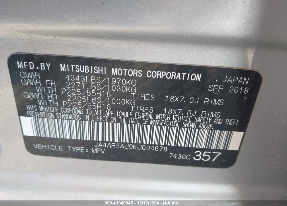 2019 MITSUBISHI OUTLANDER SPORT 2.0 SE VIN: JA4AR3AU9KU004678