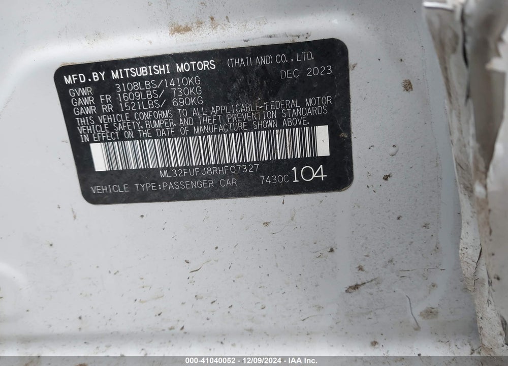 2024 MITSUBISHI MIRAGE VIN: ML32FUFJ8RHF07327