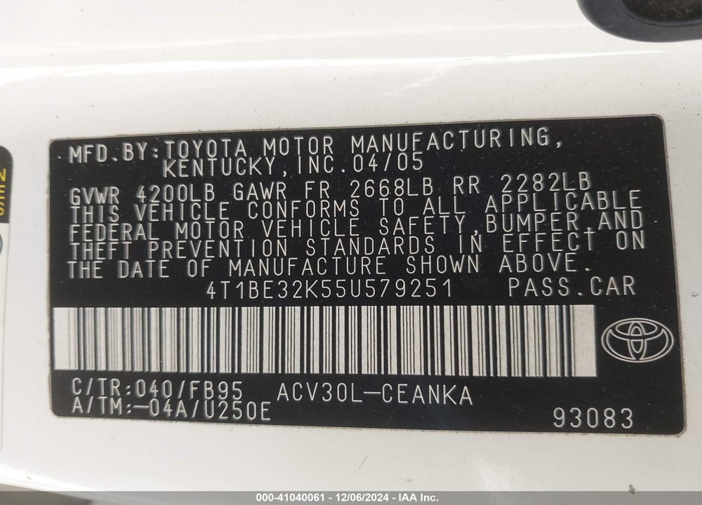 2005 TOYOTA CAMRY LE VIN: 4T1BE32K55U579251