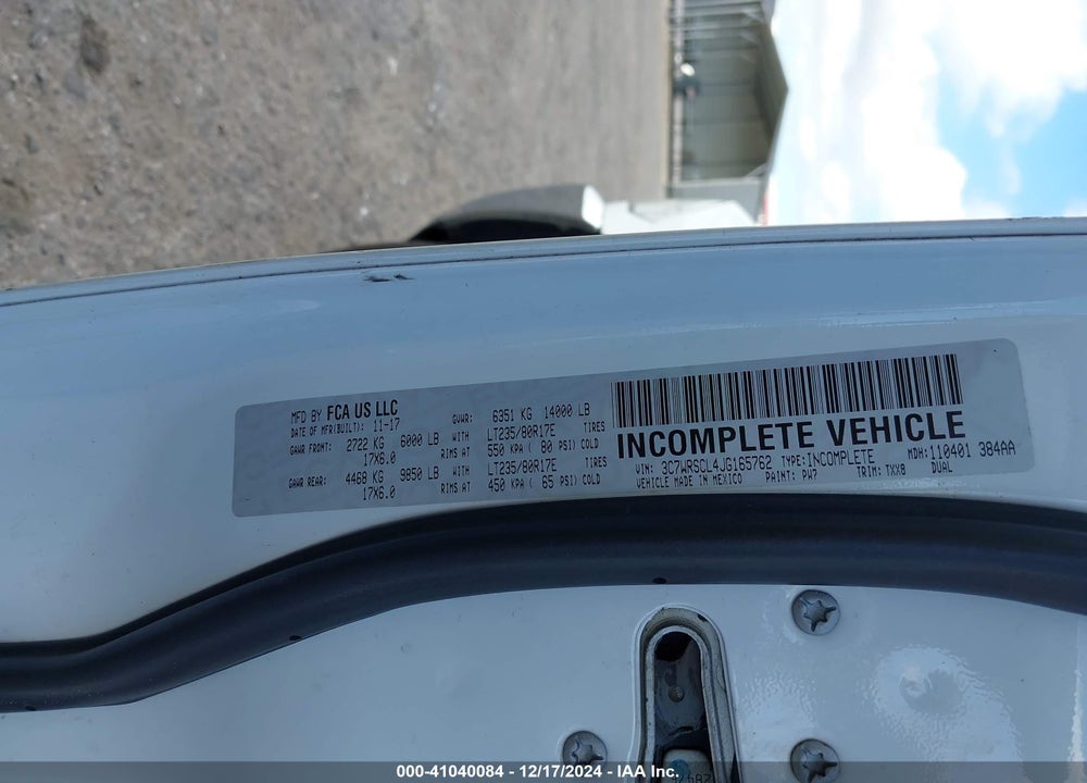 2018 RAM 3500 CHASSIS TRADESMAN/SLT/LAIE VIN: 3C7WRSCL4JG165762