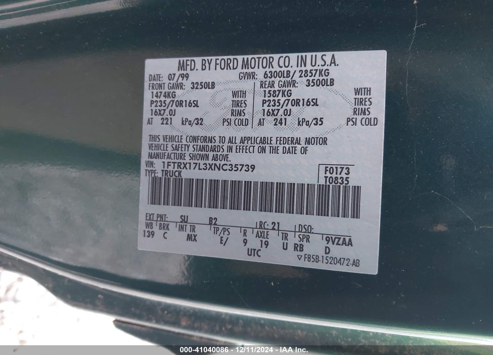 1999 FORD F-150 LARIAT/XL/XLT VIN: 1FTRX17L3XNC35739