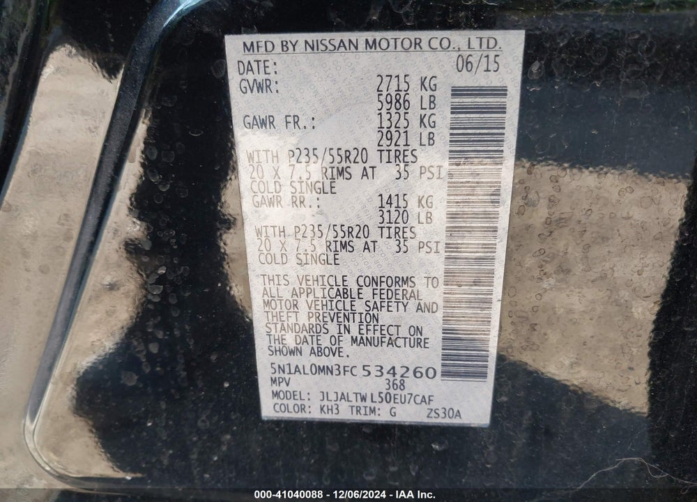 2015 INFINITI QX60 VIN: 5N1AL0MN3FC534260