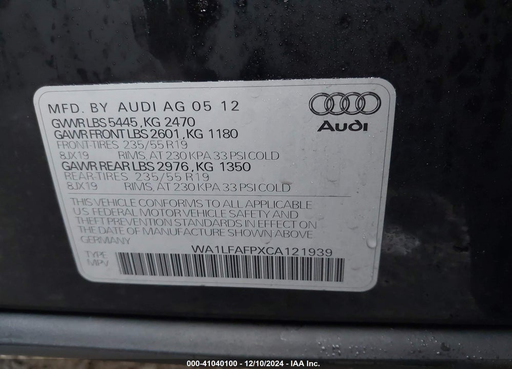 2012 AUDI Q5 2.0T PREMIUM VIN: WA1LFAFPXCA121939