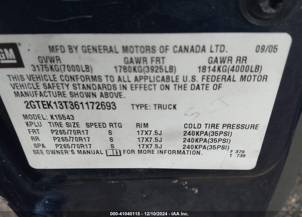 2006 GMC SIERRA 1500 SLE1 VIN: 2GTEK13T361172693