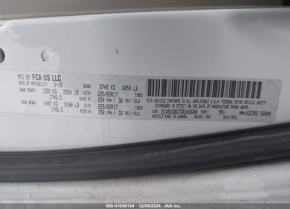 2016 DODGE GRAND CARAVAN SE PLUS VIN: 2C4RDGBG7GR343600