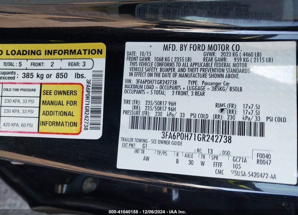 2016 FORD FUSION SE VIN: 3FA6P0H71GR242738