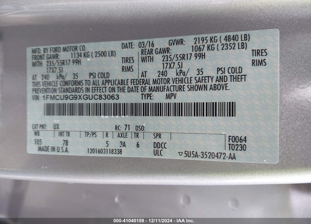 2016 FORD ESCAPE SE VIN: 1FMCU9G9XGUC83063