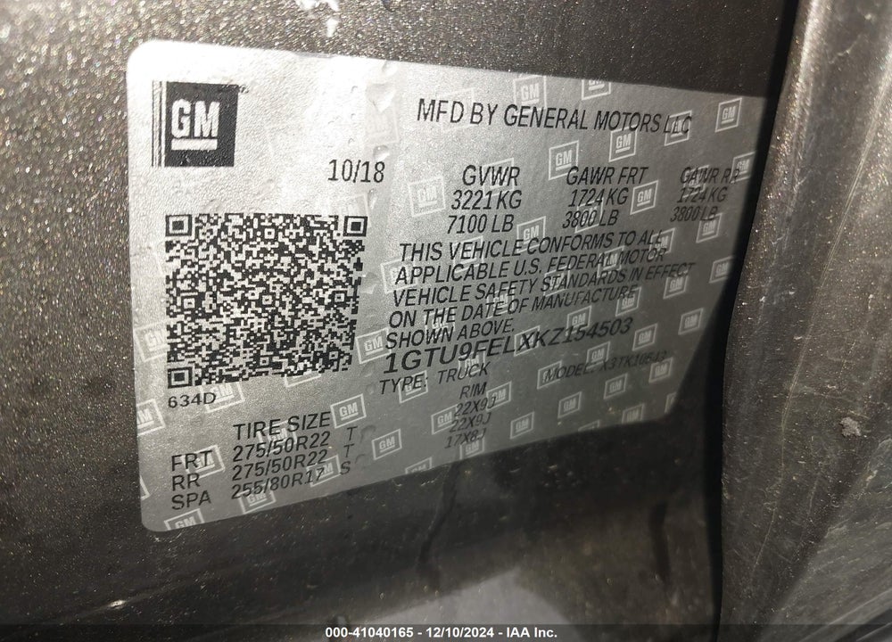 2019 GMC SIERRA 1500 DENALI VIN: 1GTU9FELXKZ154503