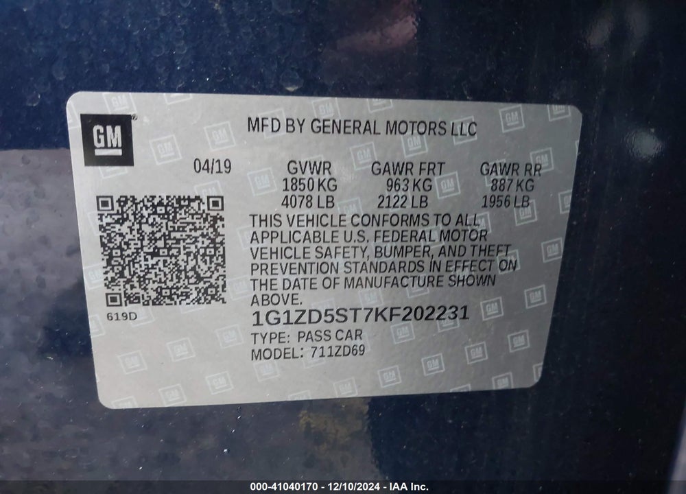 2019 CHEVROLET MALIBU LT VIN: 1G1ZD5ST7KF202231