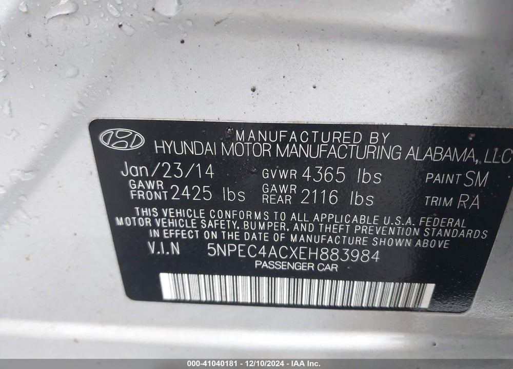 2014 HYUNDAI SONATA SE VIN: 5NPEC4ACXEH883984