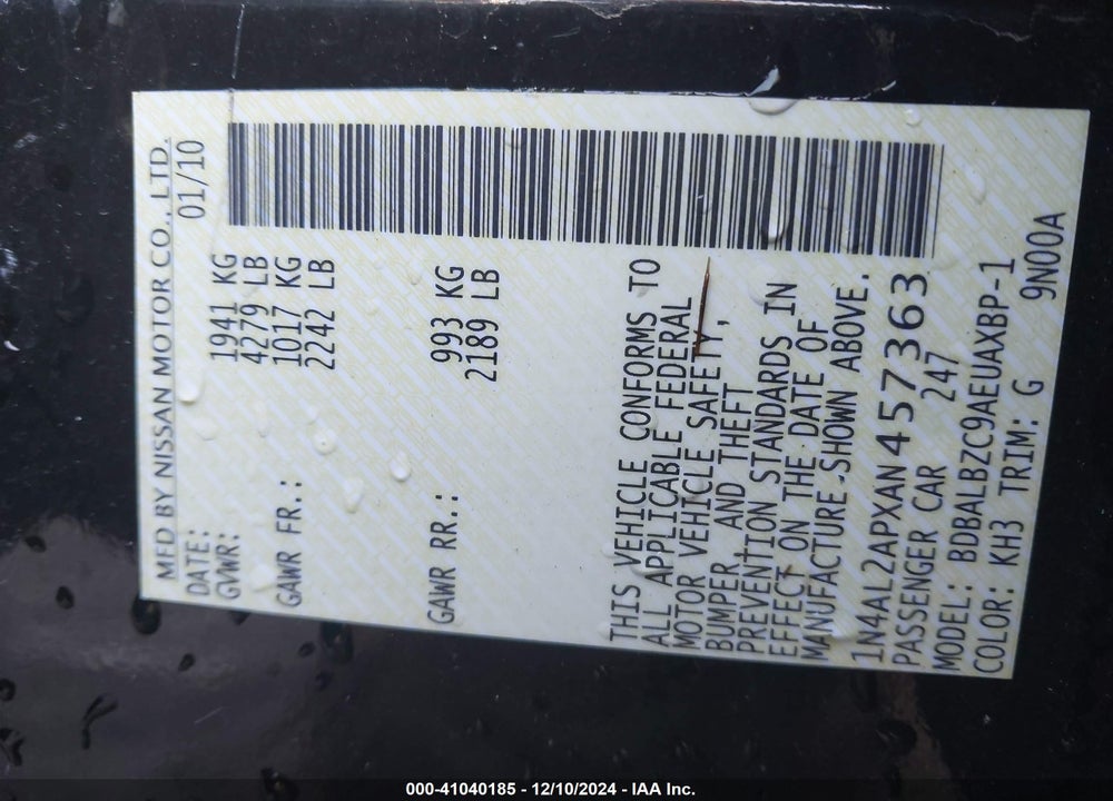 2010 NISSAN ALTIMA 2.5 S VIN: 1N4AL2APXAN457363