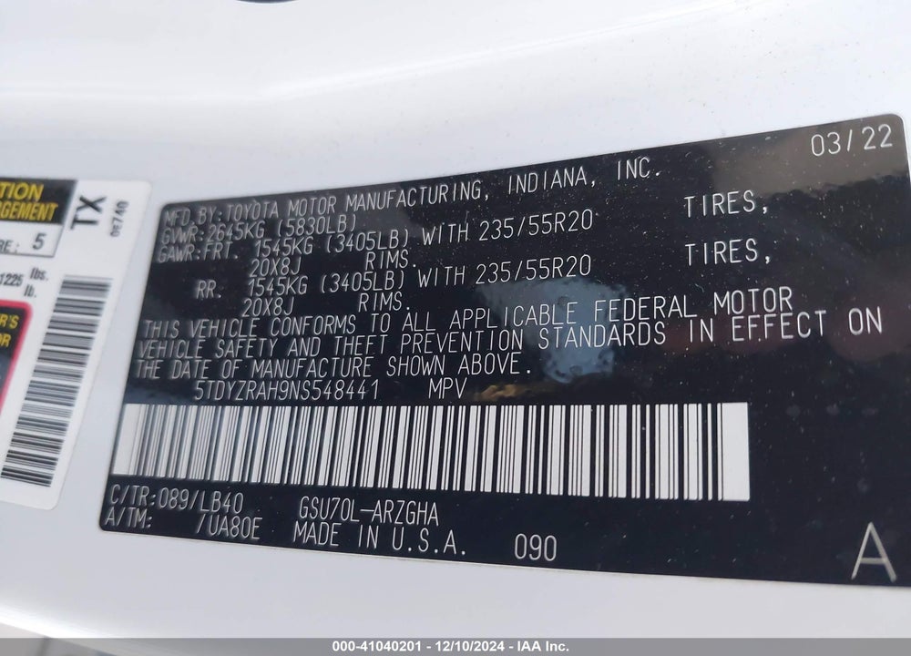 2022 TOYOTA HIGHLANDER LIMITED VIN: 5TDYZRAH9NS548441