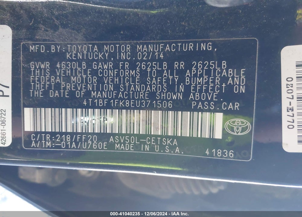 2014 TOYOTA CAMRY SE VIN: 4T1BF1FK8EU371506