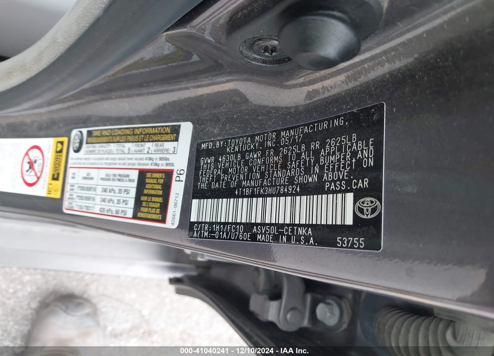 2017 TOYOTA CAMRY VIN: 4T1BF1FK3HU784924