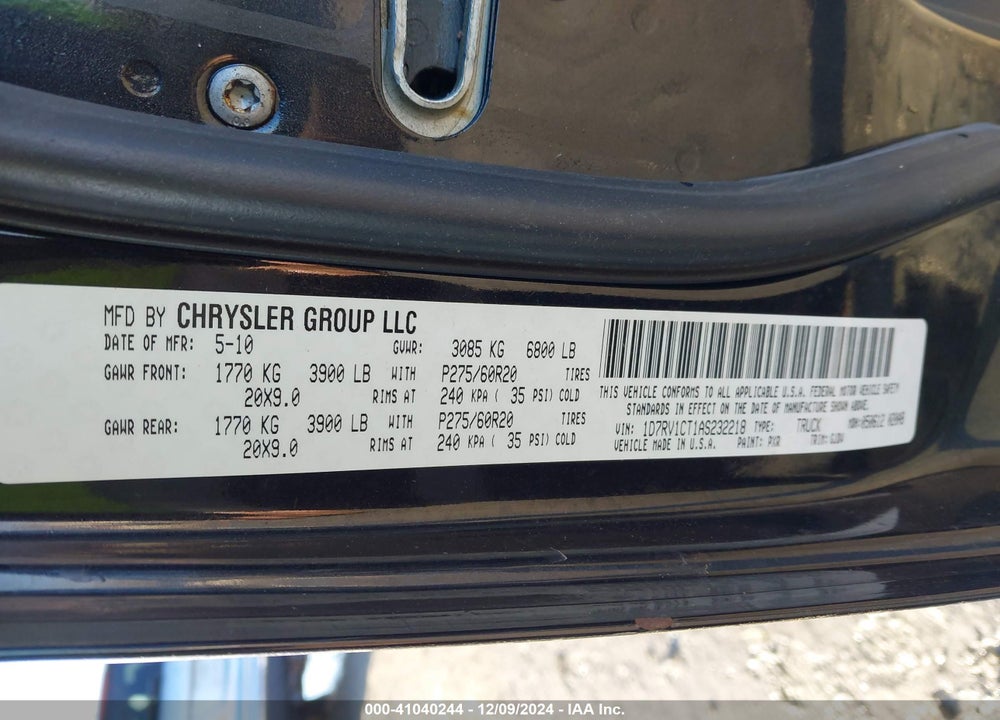 2010 DODGE RAM 1500 LARAMIE VIN: 1D7RV1CT1AS232218