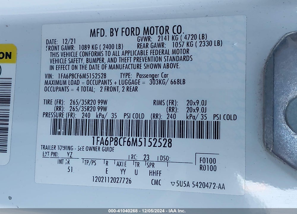 2021 FORD MUSTANG VIN: 1FA6P8CF6M5152528