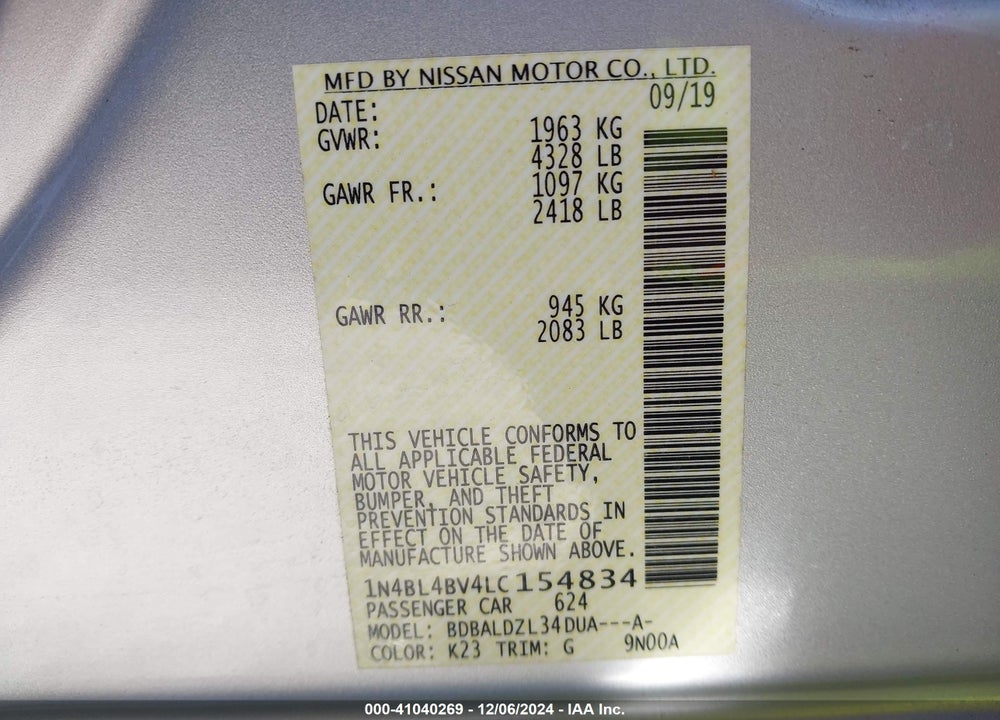 2020 NISSAN ALTIMA S FWD VIN: 1N4BL4BV4LC154834