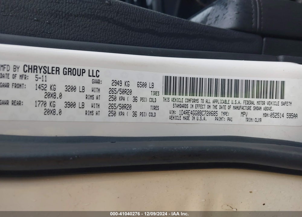 2011 DODGE DURANGO CREW VIN: 1D4RE4GG8BC720685