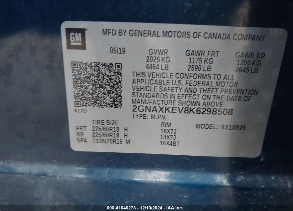 2019 CHEVROLET EQUINOX LT VIN: 2GNAXKEV8K6298508