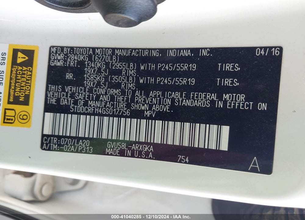 2016 TOYOTA HIGHLANDER HYBRID LIMITED PLATINUM V6 VIN: 5TDDCRFH4GS017756
