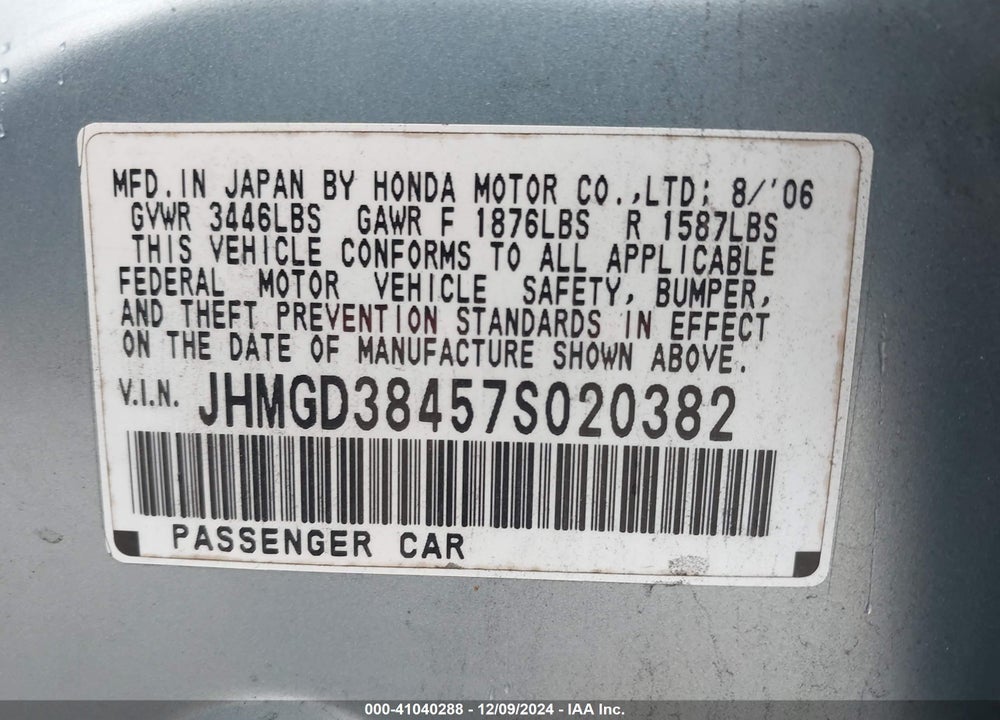 2007 HONDA FIT VIN: JHMGD38457S020382