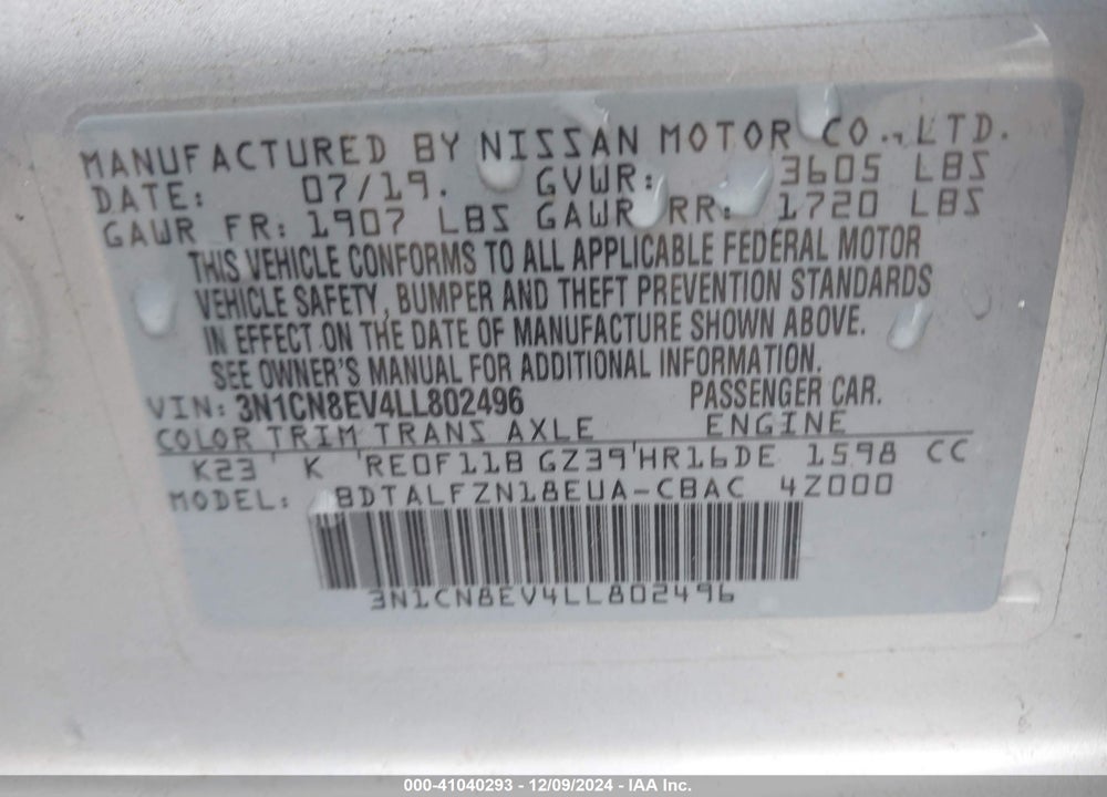 2020 NISSAN VERSA VIN: 3N1CN8EV4LL802496