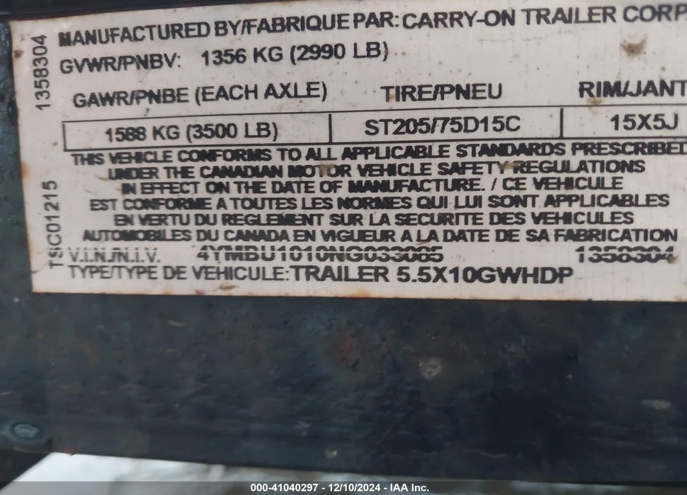 2022 CARRY ON OTHER VIN: 4YMBU1010NG033085