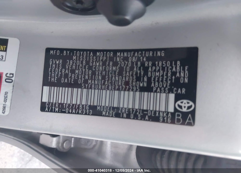 2014 TOYOTA COROLLA VIN: 5YFBURHE8EP177295