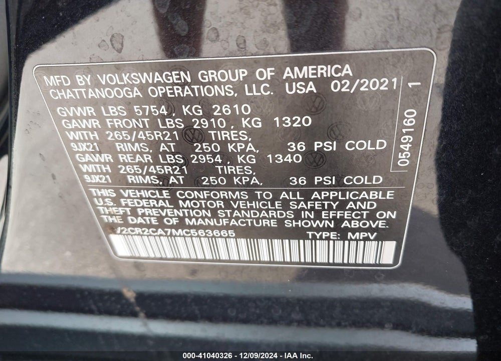 2021 VOLKSWAGEN ATLAS VIN: 1V2CR2CA7MC563665