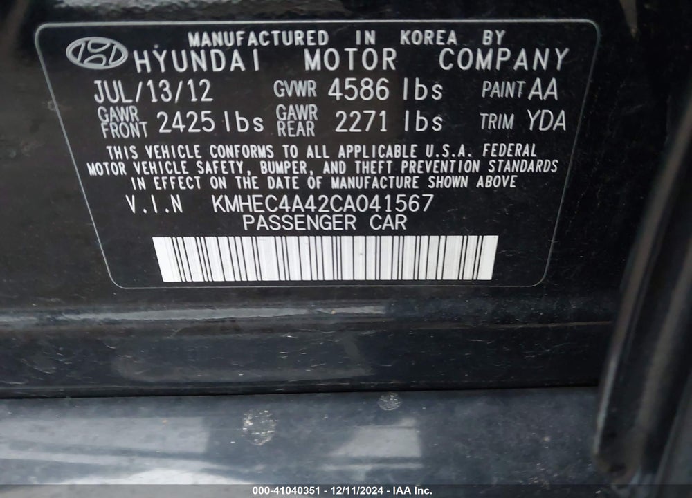 2012 HYUNDAI SONATA HYBRID VIN: KMHEC4A42CA041567