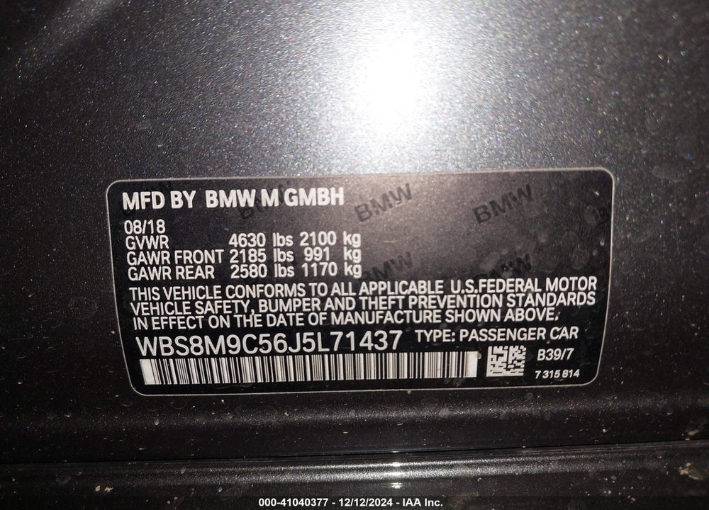 2018 BMW M3 VIN: WBS8M9C56J5L71437