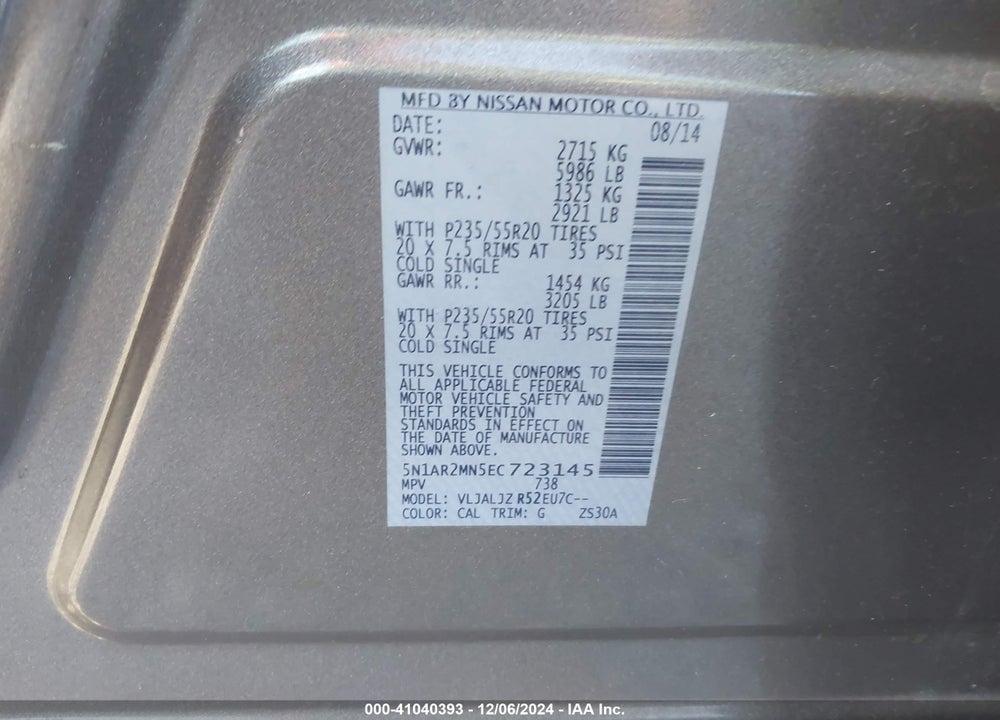 2014 NISSAN PATHFINDER PLATINUM VIN: 5N1AR2MN5EC723145