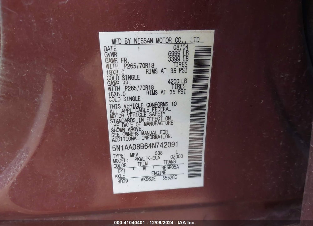 2004 NISSAN PATHFINDER ARMADA SE VIN: 5N1AA08B64N742091