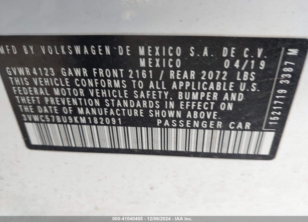 2019 VOLKSWAGEN JETTA VIN: 3VWC57BU9KM182091