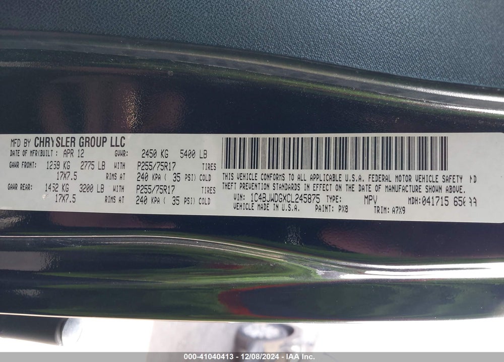 2012 JEEP WRANGLER UNLIMITED VIN: 1C4BJWDGXCL245875