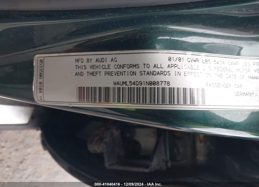 2001 AUDI A8 4.2 VIN: WAUML54D91N008778