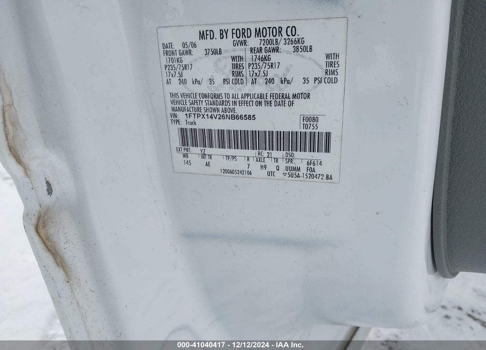 2006 FORD F150 VIN: 1FTPX14V26NB66585