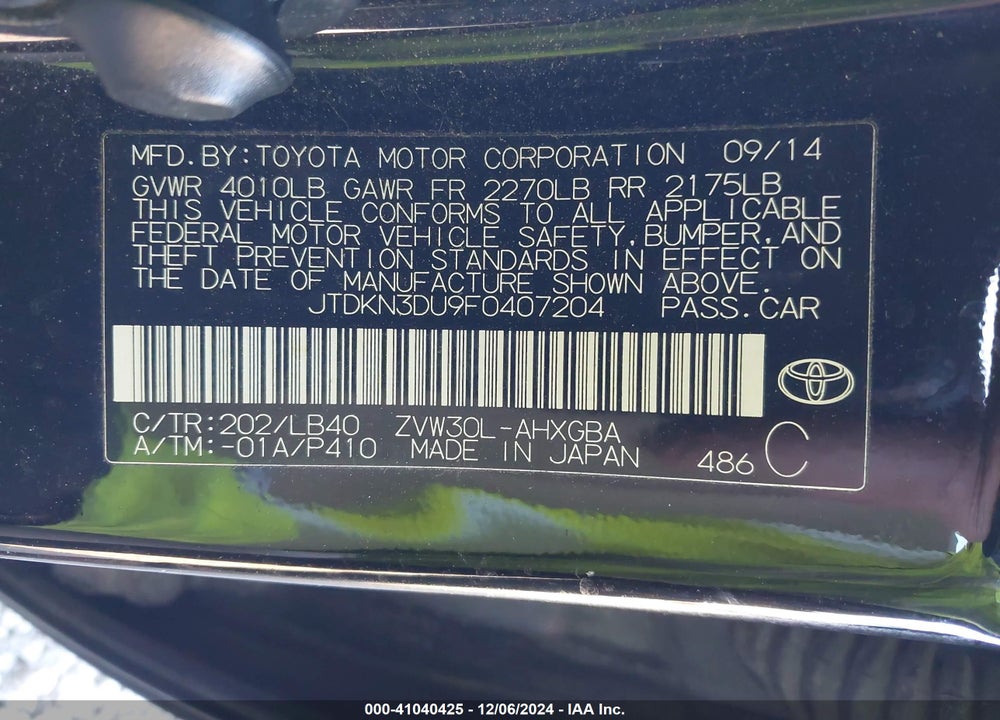 2015 TOYOTA PRIUS FIVE VIN: JTDKN3DU9F0407204