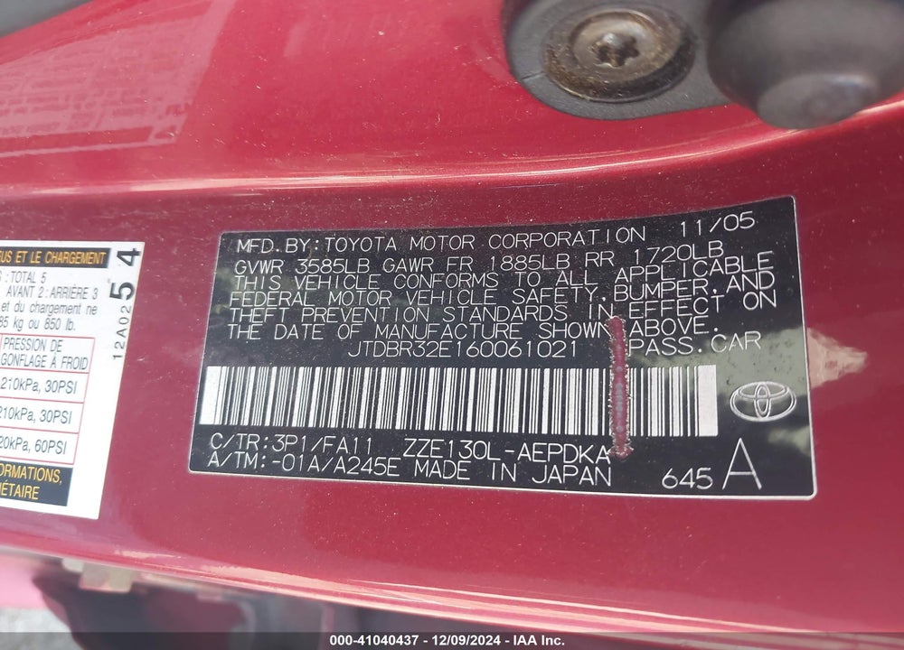 2006 TOYOTA COROLLA CE VIN: JTDBR32E160061021