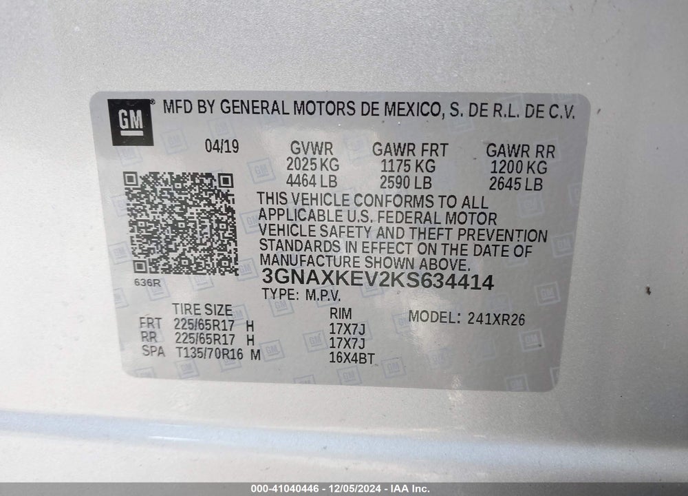 2019 CHEVROLET EQUINOX LT VIN: 3GNAXKEV2KS634414