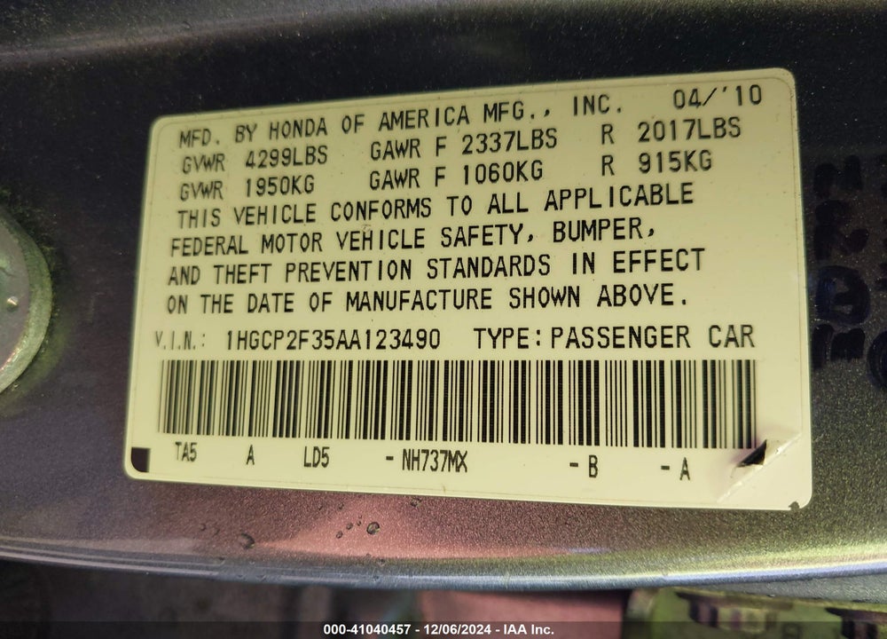 2010 HONDA ACCORD 2.4 LX VIN: 1HGCP2F35AA123490