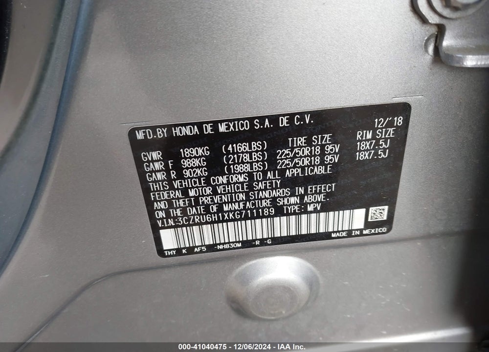 2019 HONDA HR-V SPORT VIN: 3CZRU6H1XKG711189
