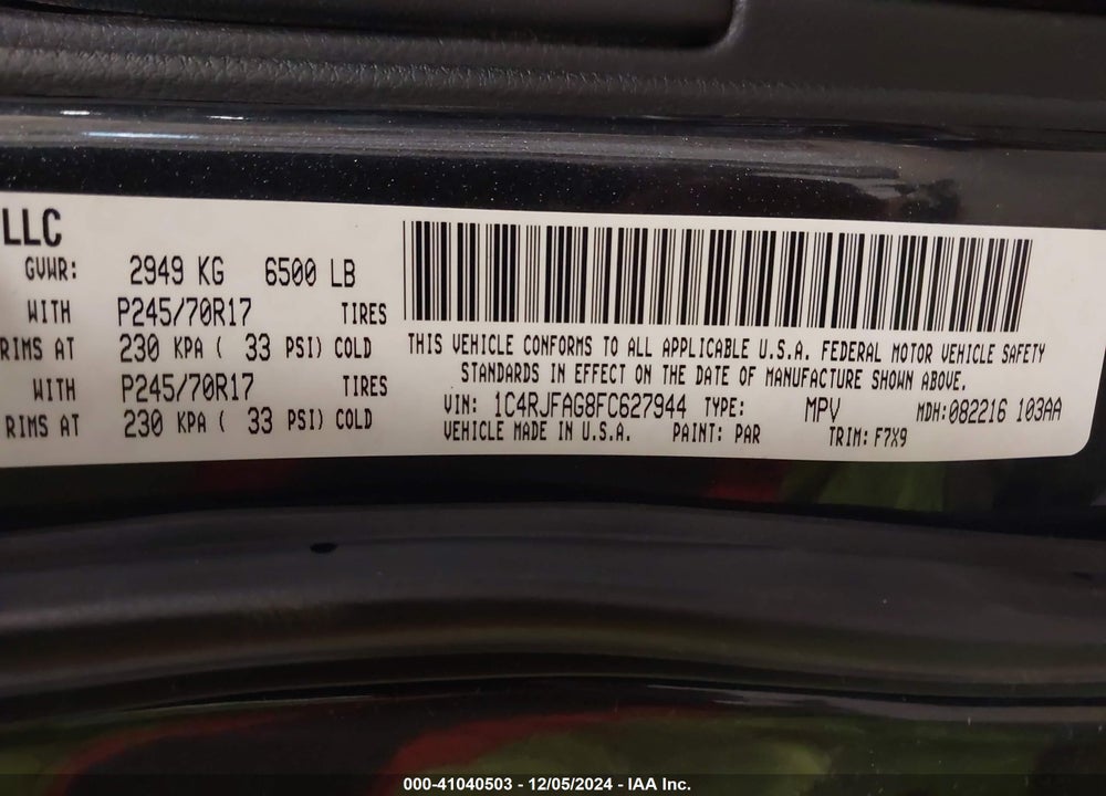 2015 JEEP GRAND CHEROKEE LAREDO VIN: 1C4RJFAG8FC627944