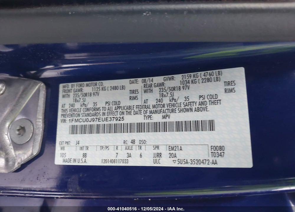 2014 FORD ESCAPE TITANIUM VIN: 1FMCU0J97EUE37925