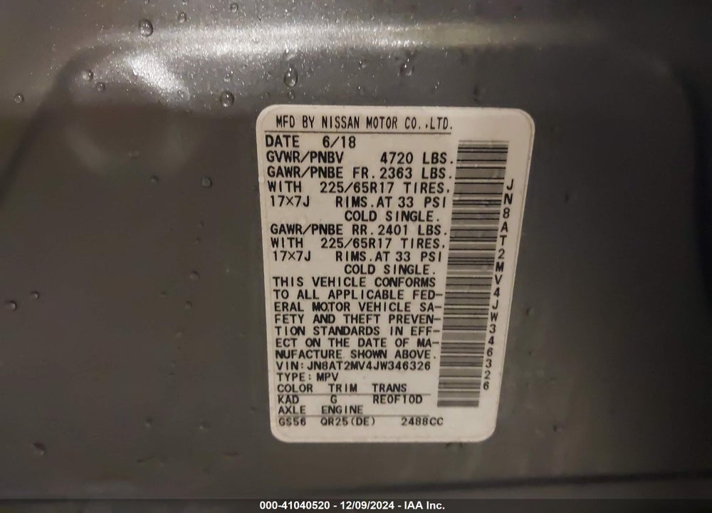 2018 NISSAN ROGUE SV VIN: JN8AT2MV4JW346326