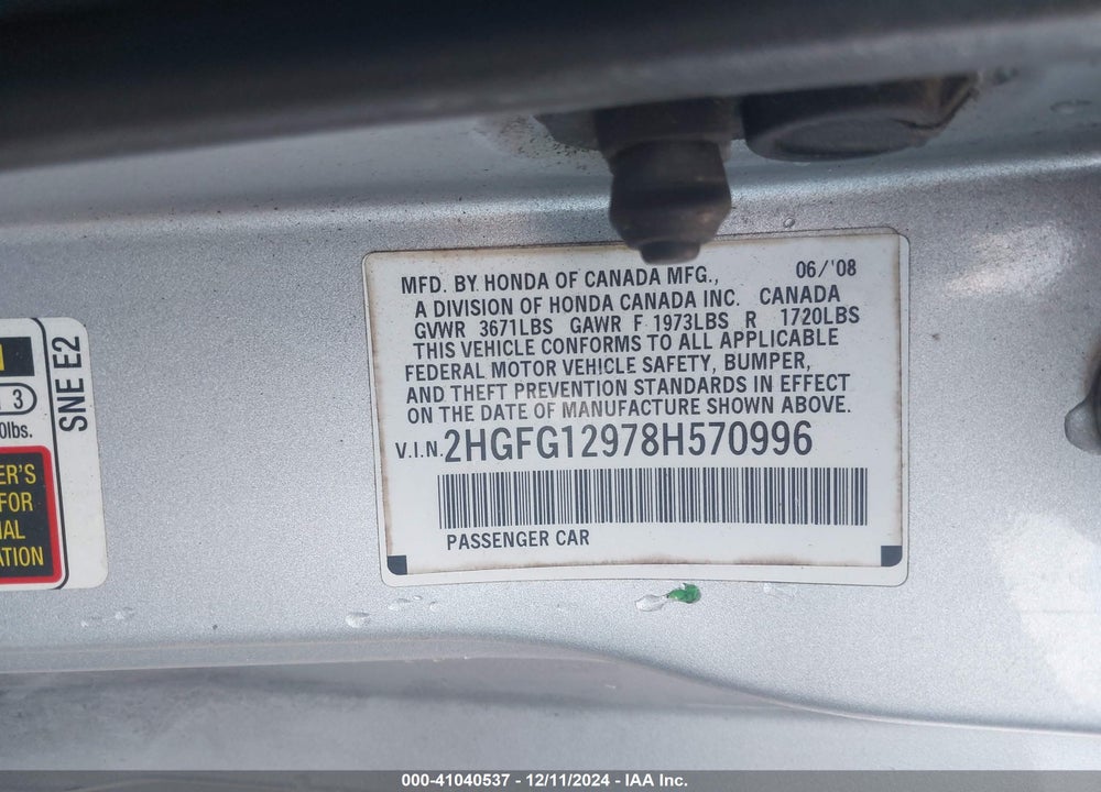 2008 HONDA CIVIC EX-L VIN: 2HGFG12978H570996