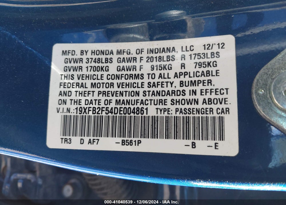 2013 HONDA CIVIC LX VIN: 19XFB2F54DE004861