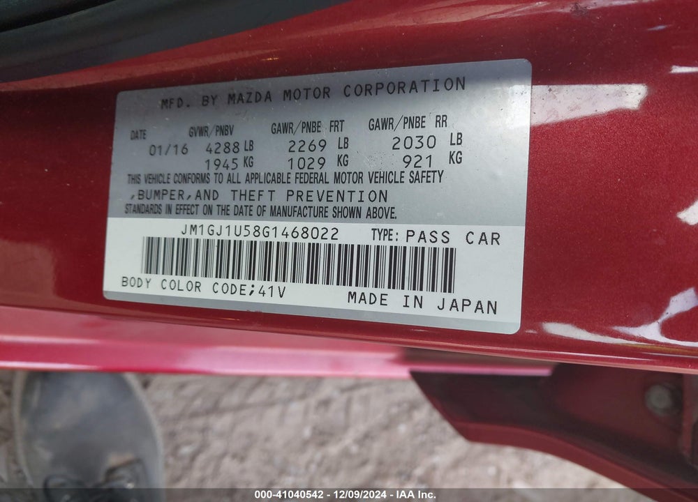 2016 MAZDA MAZDA6 VIN: JM1GJ1U58G1468022