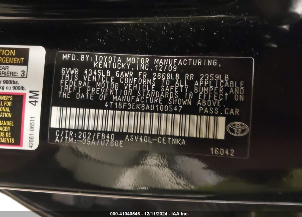 2010 TOYOTA CAMRY LE VIN: 4T1BF3EK6AU100547